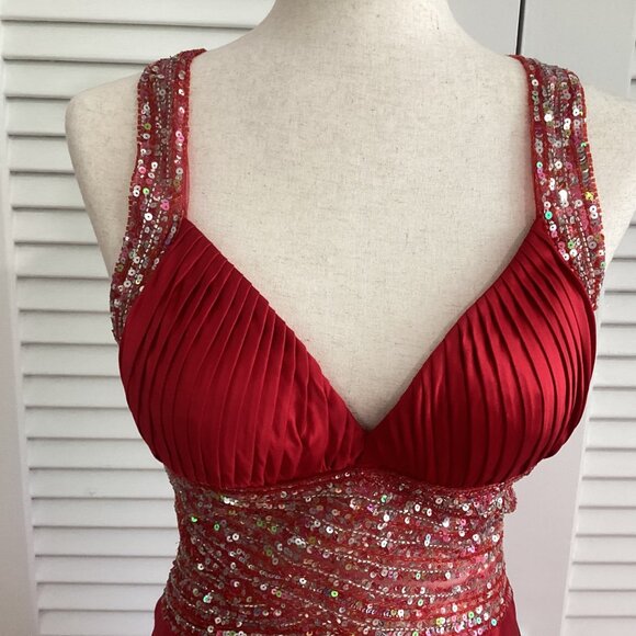 Jovani Red Sequin Embellished Satin 100% Silk Maxi Dress Gown Size 4 - Picture 10 of 16